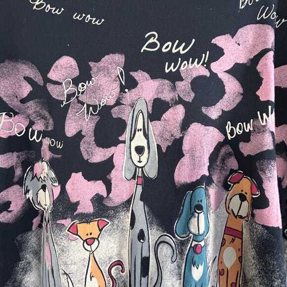 Womens Black "Bow Wow" Dog Print Long Sleeve V-Neck Top Multicolor Casual Basic - Picture 3 of 9
